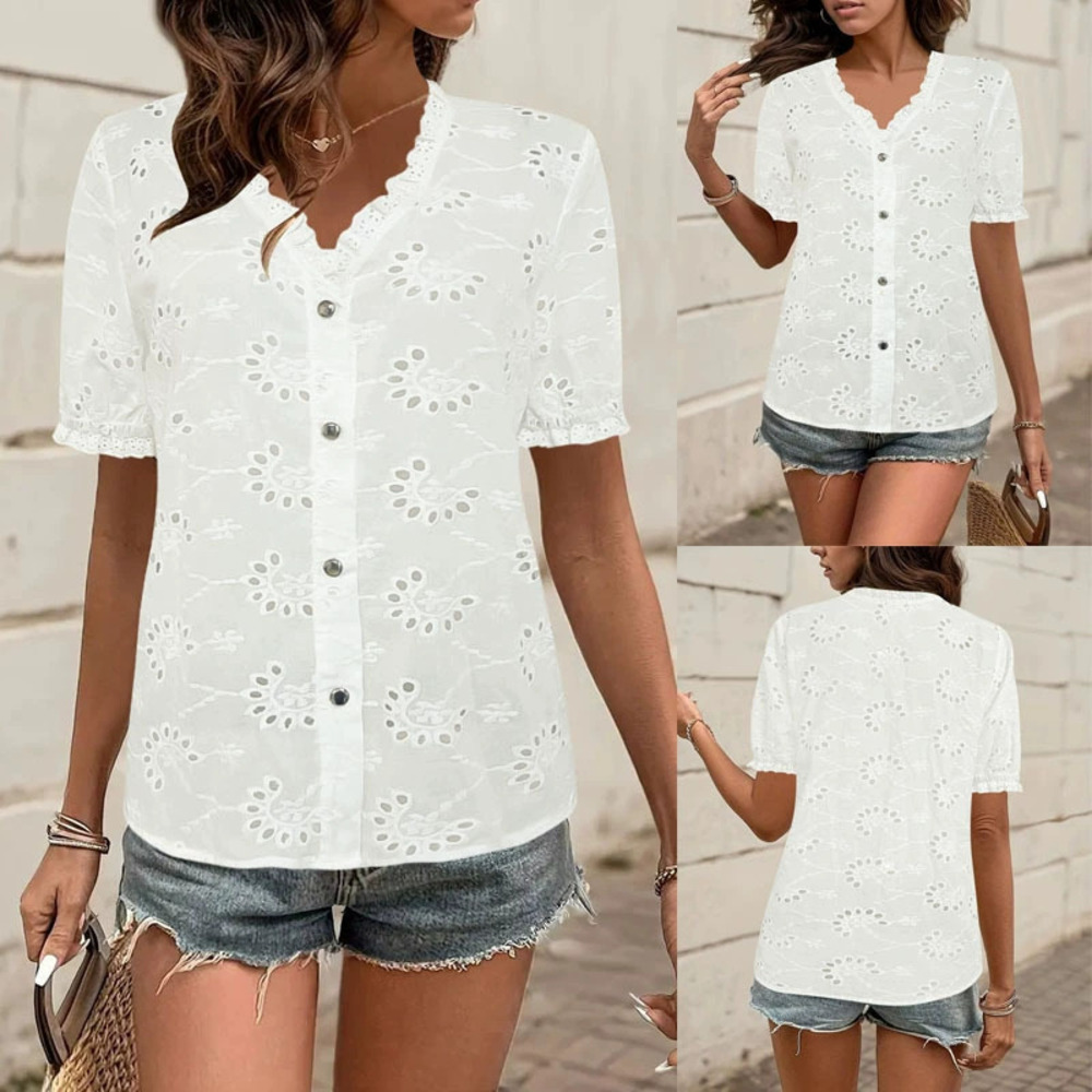 Forever 21 Women's Casual Summer Embroidered Short-Sleeve Solid Cutout Blouse